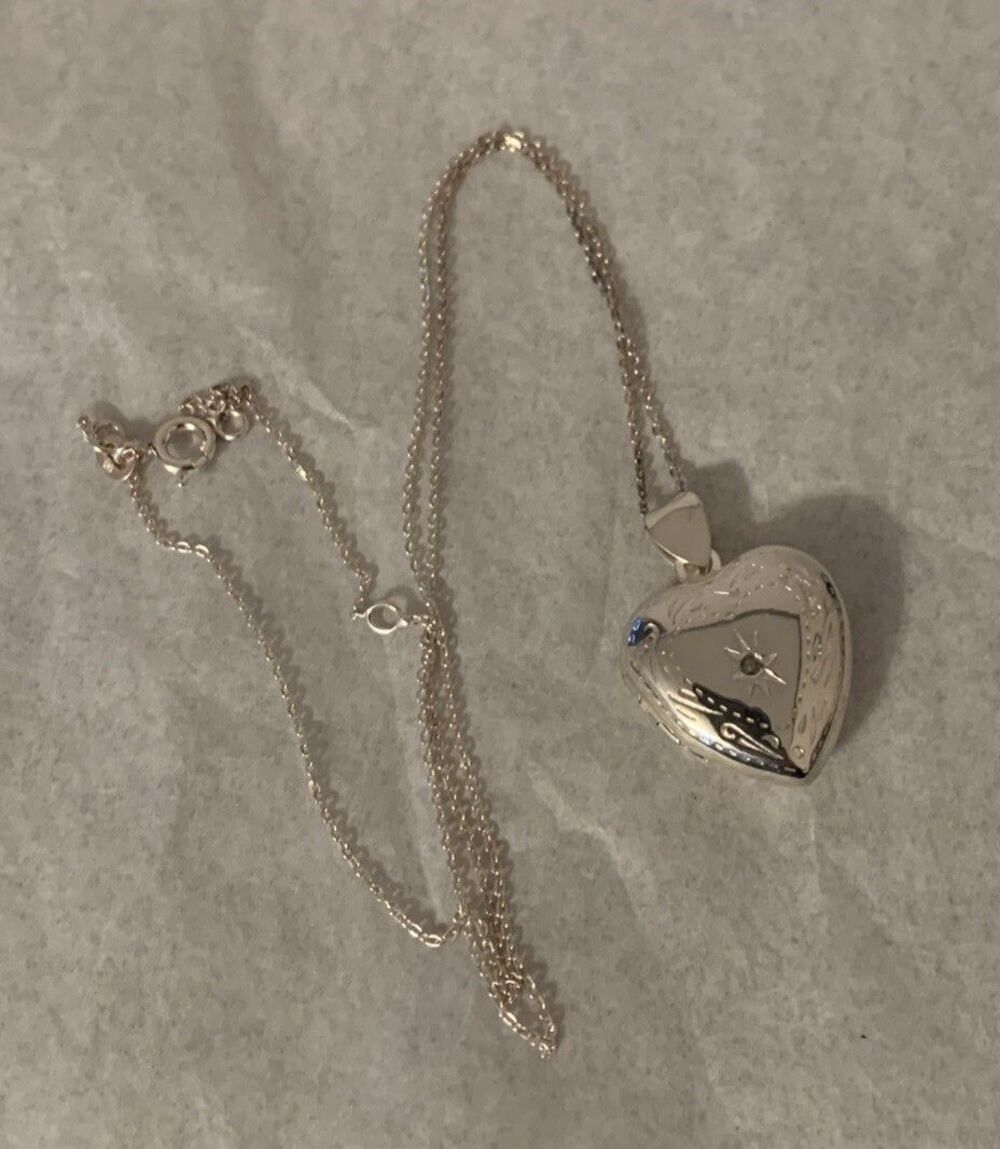 925 Solid Sterling Silver Diamond Puffy Heart Photo Locket Pendant Necklace 18”